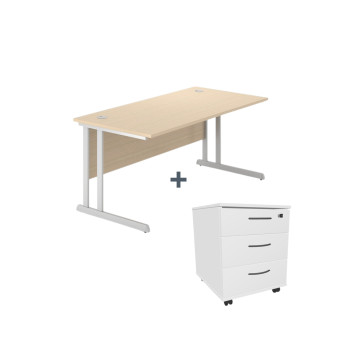 Bureau 160 x 80 cm chêne - pietement noir + Caisson 3 tiroirs chêne - Optima C