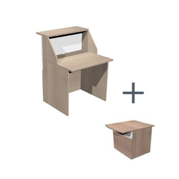 Banque d'accueil - Module haut droit 1 poste + module bas PMR Noyer et blanc