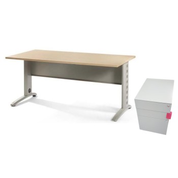 Bureau droit individuel 140 x 80 cm + double piètement + voile de fond + caisson mobile - chêne / alu