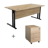Bureau avec voile de fond L140 x P 80 cm Essentiel + Caisson mobiles 3 tiroirs plats