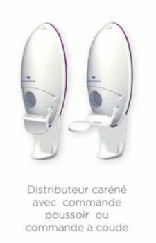 Distributeur savon pour airless 1l poussoir main et a coude carene av receptacle mural anti goutte